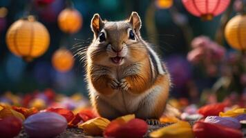 A cheerful chipmunk surrounded by colorful petals and lanterns in a vibrant setting. photo