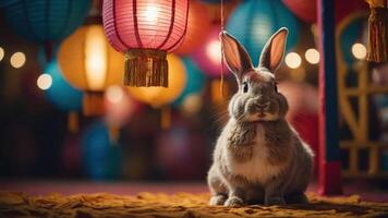 A rabbit sits beneath colorful lanterns, creating a festive and whimsical atmosphere. photo