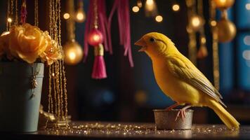 A vibrant yellow canary perched beside decorative elements and flowers, creating a cozy atmosphere. photo