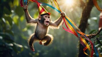 A playful monkey wearing a party hat swings from ribbons in a vibrant jungle setting. photo