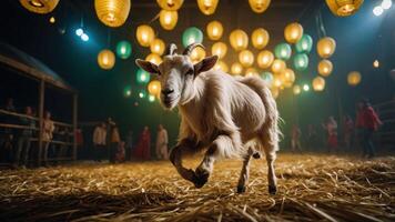 A lively goat running in a festive barn setting with lanterns and people dancing. photo