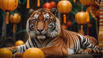 A majestic tiger rests among colorful lanterns in a serene forest setting. photo