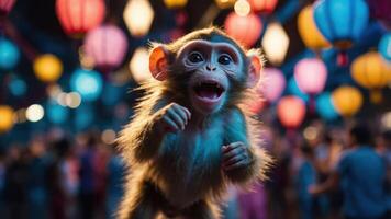 A playful monkey in a vibrant setting surrounded by colorful lanterns and people. photo