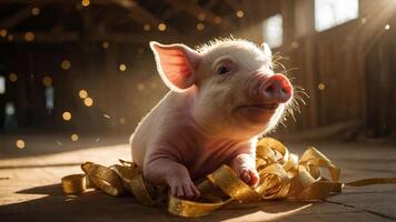 A cute piglet resting on golden ribbons in a sunlit barn, creating a warm and joyful atmosphere. photo
