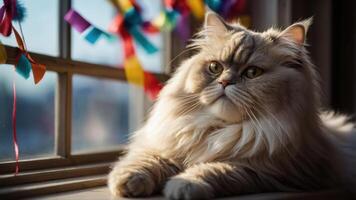 A fluffy cat relaxing by a window with colorful decorations in the background. photo