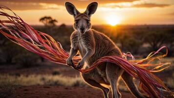 A kangaroo playfully interacts with colorful ribbons against a sunset backdrop. photo