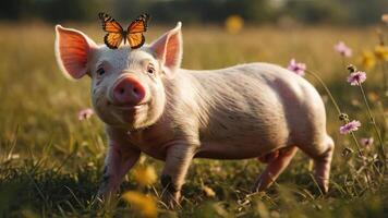 A playful pig stands in a field with a butterfly on its head, exuding joy and whimsy. photo