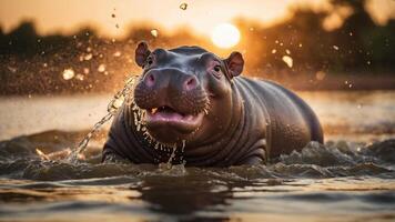 A playful hippopotamus splashes in water during sunset, showcasing wildlife in its natural habitat. photo
