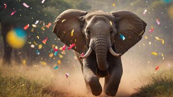 An elephant joyfully running through a colorful, festive environment. photo