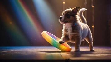 A playful puppy with a rainbow frisbee in a vibrant, illuminated setting. photo