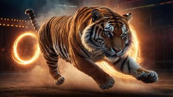 A tiger leaps through a flaming hoop, showcasing agility and power in a dramatic setting. photo