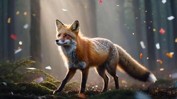 A majestic fox walking through a forest, illuminated by soft light and surrounded by colorful confetti. photo