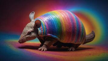 A colorful armadillo with a rainbow-striped shell against a vibrant background. photo