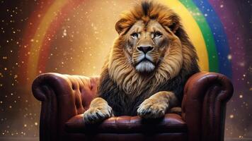 A regal lion sits on a plush armchair against a colorful, whimsical background. photo