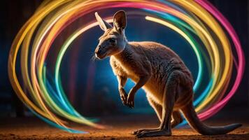 A kangaroo poses in a dynamic light swirl, showcasing vibrant colors and motion. photo