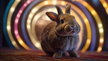 A cute rabbit poses in front of colorful lights, creating a whimsical atmosphere. photo