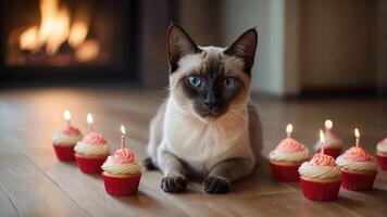 A cat surrounded by cupcakes with candles, creating a festive atmosphere. photo