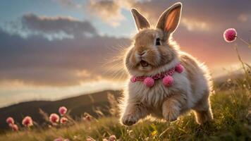 A playful rabbit with a pink collar hops through a field of flowers at sunset. photo