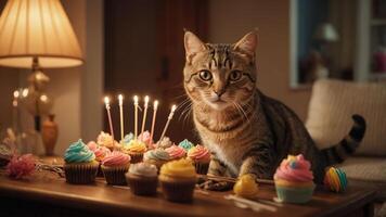 A cat sits beside colorful cupcakes with candles, creating a festive atmosphere. photo