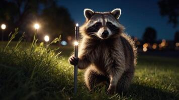 A raccoon holding a pen stands on grass at night, illuminated by soft lights in the background. photo