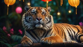 A majestic tiger resting under colorful lanterns in a lush, vibrant setting. photo