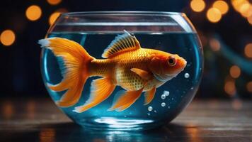 A vibrant goldfish swims in a clear bowl, surrounded by bubbles and soft lighting. photo