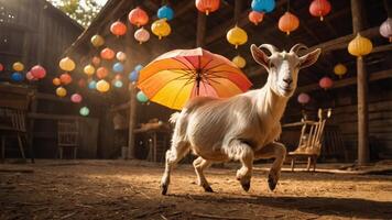 A playful goat with an umbrella in a rustic setting adorned with colorful lanterns. photo
