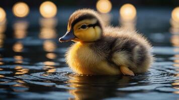 A fluffy duckling floats serenely on water, illuminated by soft, glowing lights in the background. photo