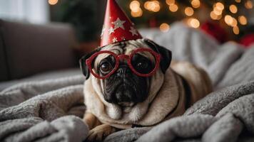 A festive pug wearing a party hat and glasses, relaxing on a cozy blanket. photo