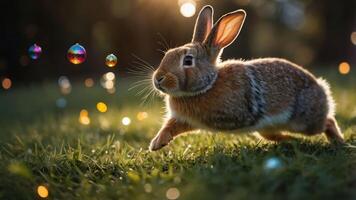 A rabbit leaps playfully in a sunlit grassy field, surrounded by colorful bubbles. photo