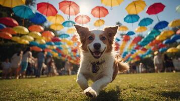 A joyful dog runs through a park adorned with colorful umbrellas overhead. photo
