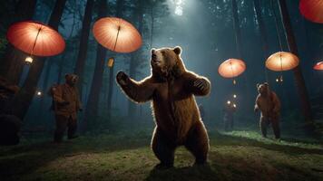 A bear dances under lanterns in a mystical forest setting. photo