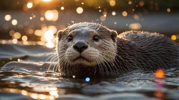 A close-up of an otter swimming in water, with sunlight creating a sparkling effect. photo