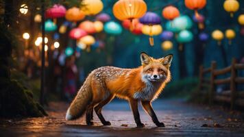 A fox walking through a lantern-lit path in a serene nighttime setting. photo