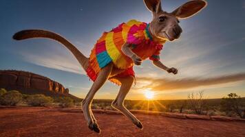 A kangaroo in a colorful outfit jumps against a sunset backdrop in a desert landscape. photo