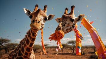 Two playful giraffes adorned with colorful decorations in a vibrant outdoor setting. photo
