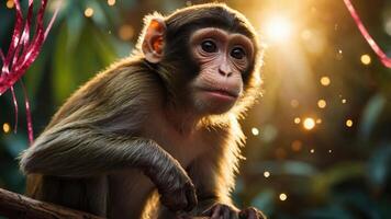 A close-up of a monkey in a natural setting, illuminated by warm sunlight. photo