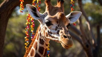 A close-up of a giraffe surrounded by colorful decorations in a natural setting. photo