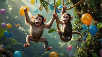 Two playful monkeys swinging joyfully amidst colorful balloons in a vibrant jungle setting. photo