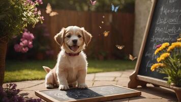 A playful puppy surrounded by butterflies and flowers in a sunny garden setting. photo