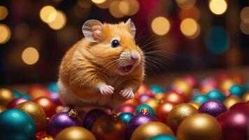 A playful hamster surrounded by colorful holiday ornaments, creating a festive atmosphere. photo
