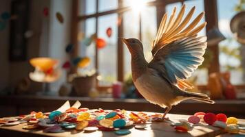 A bird spreads its wings amidst colorful buttons in a sunlit room. photo