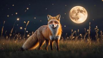 A majestic fox stands in a moonlit field, surrounded by soft glowing lights and tall grass. photo