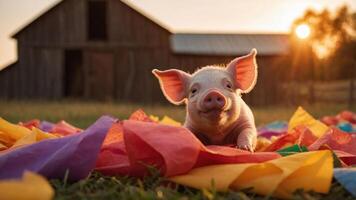 A cute piglet lying on colorful tissue paper with a barn in the background during sunset. photo