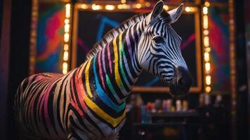 A zebra painted with vibrant rainbow stripes, showcasing artistic expression and creativity. photo