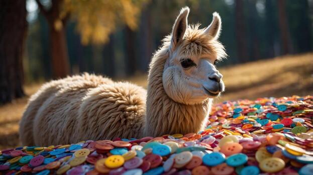 A fluffy llama surrounded by a colorful array of buttons in a natural setting. photo