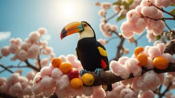 A vibrant toucan perched on a branch adorned with fluffy pink blossoms and colorful fruits. photo