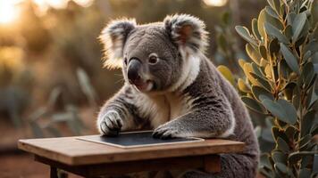 A koala interacting with a tablet on a wooden table in a natural setting. photo