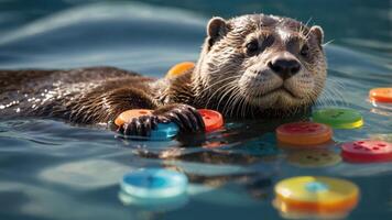 An otter floats in water surrounded by colorful plastic discs, showcasing playful behavior. photo