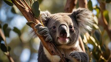 A close-up of a koala perched on a tree branch, showcasing its features and natural habitat. photo